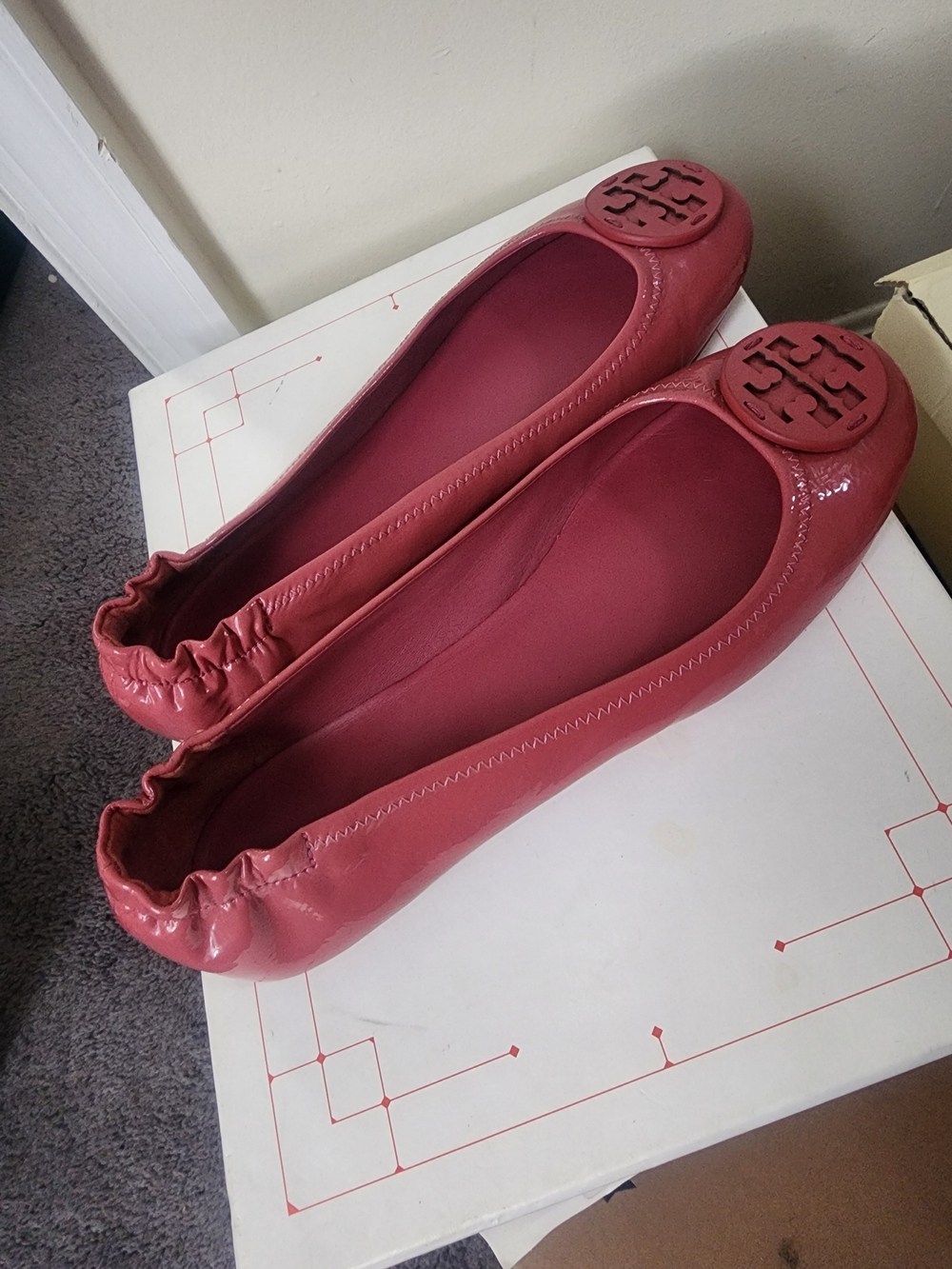 Tory Burch Raspberry Patent Leather Logo Ballet Flats